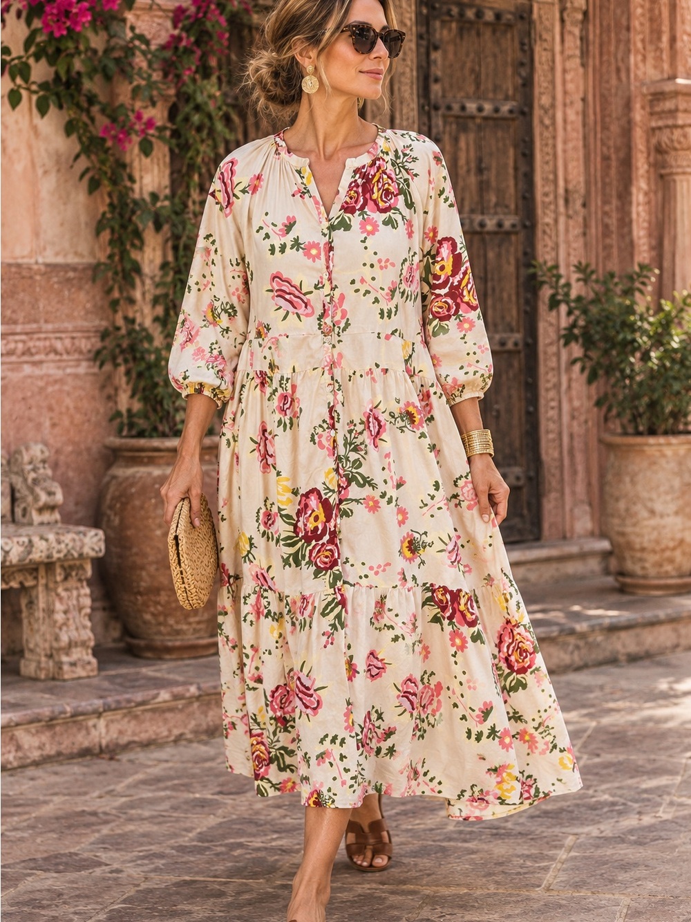 KHAADI Tan Floral Button Front Resortwear Airy Bohemian Dress, M